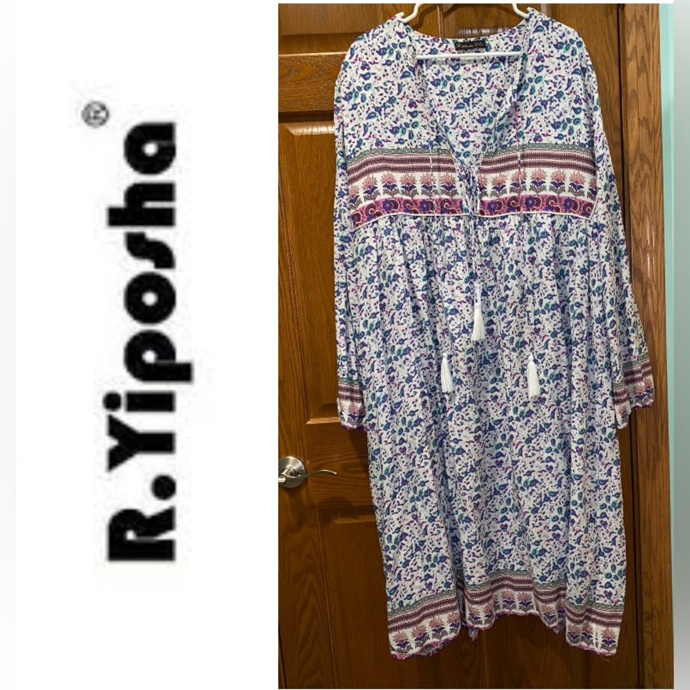 🌸EUC R.YIposha XL Long Sleeve Floral Print V-Neck Bohemian Midi Dress